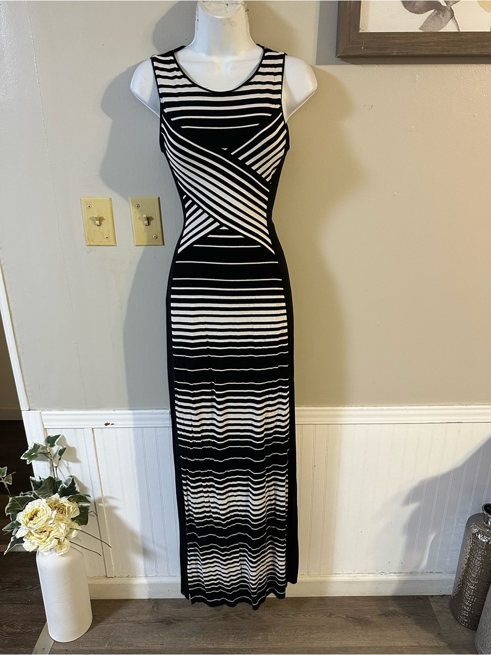 White House Black Market Black and White Striped Sleeveless Maxi Dress